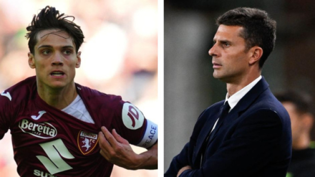 Samuele Ricci, centrocampista del Torino. Foto &copy; Torino. Thiago Motta, allenatore della Juventus. Foto &copy; Juventus