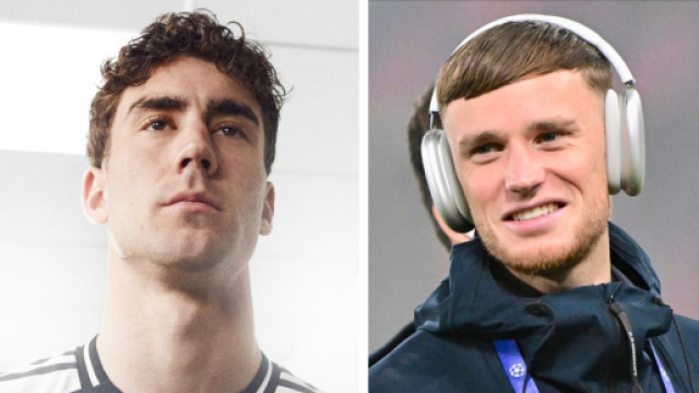 Dusan Vlahovic, attaccante della Juventus. Foto &copy; Juventus FC. Sam Beukema, difensore del Bologna. Foto &copy; Bologna