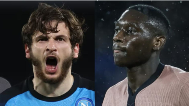 Khvicha Kvaratskhelia, attaccante del Napoli. Foto &copy; Sky Sport. Kolo Muani, attaccante del PSG. Foto &copy; Sky Sport