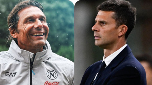 Antonio Conte, allenatore del Napoli. Foto &copy; Napoli. Thiago Motta, allenatore della Juventus. Foto &copy; Juventus