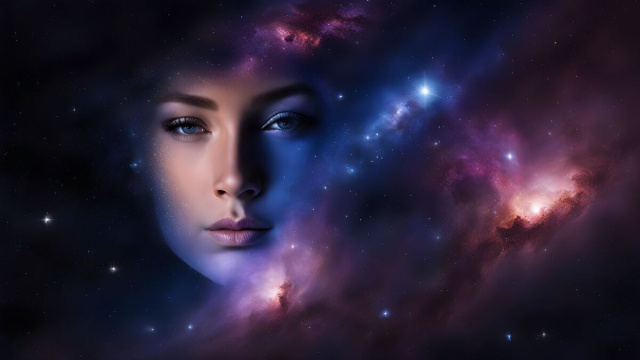 Il viso di una donna di fianco a una galassia di stelle &copy; Pixabay.