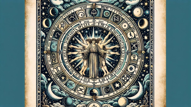 Immagine raffigurante la carta dei tarocchi La Ruota della Fortuna e il segno zodiacale Gemelli. &copy; Immagine creata con Dall-E