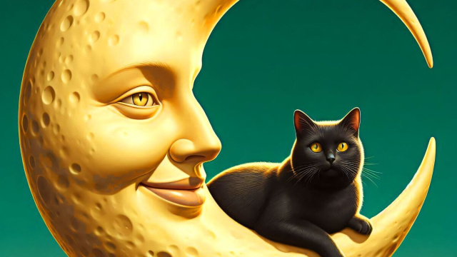 Luna sorridente con gatto nero - &copy; Bing IA.