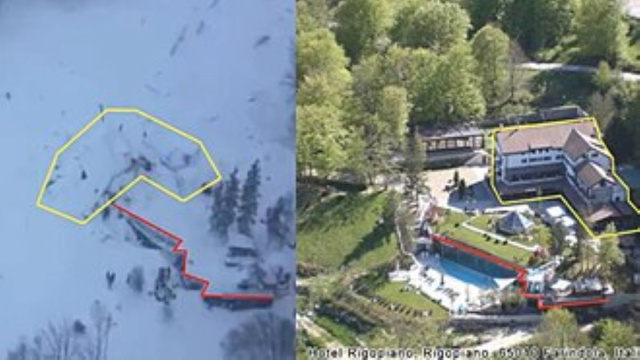 L'hotel Rigopiano dopo e prima il drammatico incidente (foto wikipedia)