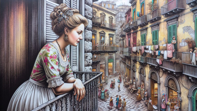 Numero 43 della Smorfia napoletana, la donna al balcone, per il segno del Cancro. &copy; Immagine creata con Dall-E
