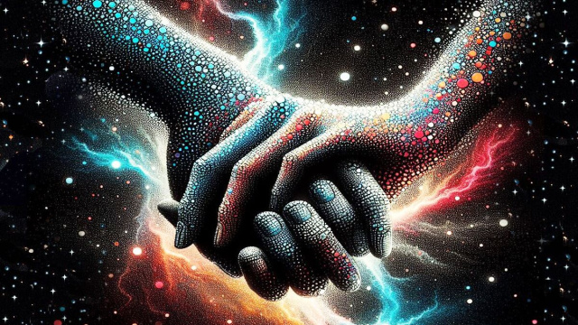 Due mani che si stringono in un universo di stelle e galassie &ndash; &copy; Pixabay IA.