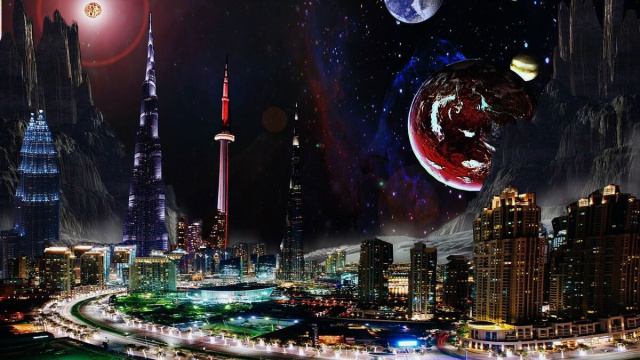 Una citt&agrave; futuristica sotto un cielo notturno con dei pianeti &copy; Pixabay.