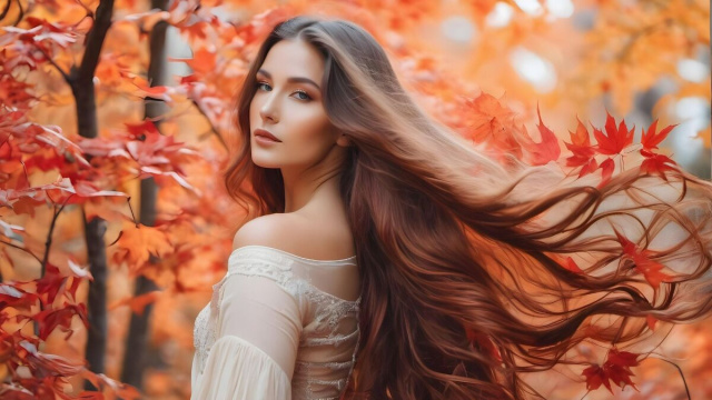 Donna con capelli sciolti in un paesaggio autunnale - &copy; Pixabay IA.