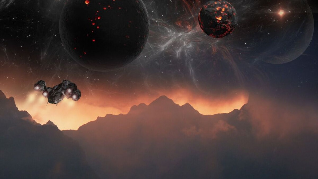 Navicella in volo su paesaggio alieno al tramonto &ndash; &copy; Pixabay.