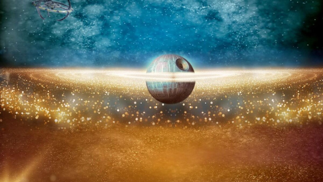 Una sfera in un lago di stelle e un'astronave in alto nel cielo &copy; Pixabay.