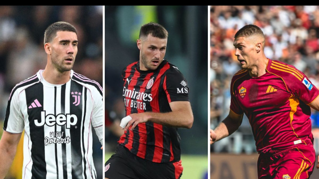Dusan Vlahovic. Foto &copy; Juventus FC. Santiago Gimenez, attaccante del Milan. Foto &copy; Milan. Artem Dovbyk. Foto &copy; Roma