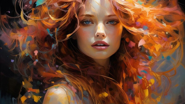 Volto di donna con occhi cerulei e capelli rossi tra coriandoli - &copy; Pixabay IA.