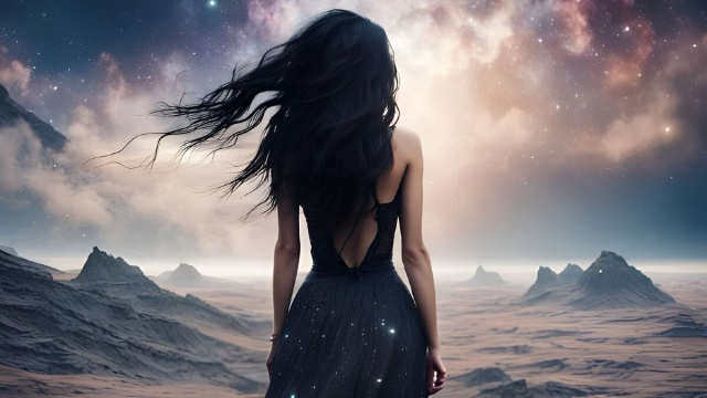 Figura femminile che osserva un paesaggio desolato - &copy; Pixabay IA.