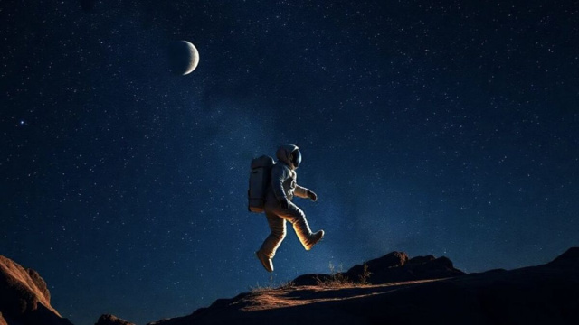 Astronauta sulla superficie lunare sotto un cielo stellato con falce di Luna &ndash; &copy; Pixabay.