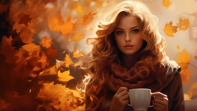 Donna con tazzina e foglie che cadono - &copy; Pixabay IA.