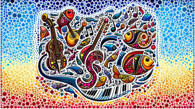 Numero 55 della Smorfia napoletana, Pesci in compagnia della musica. &copy; Immagine creata con Dall-E