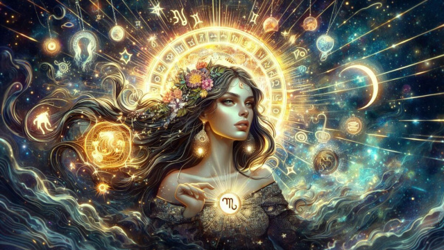 Rappresentazione artistica del segno zodiacale della Vergine &ndash; &copy; AI Copilot.