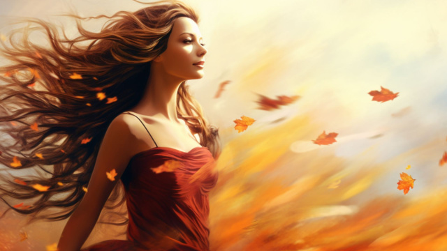 Donna tra foglie d&rsquo;autunno nel vento &ndash; &copy; Pixabay / IA.