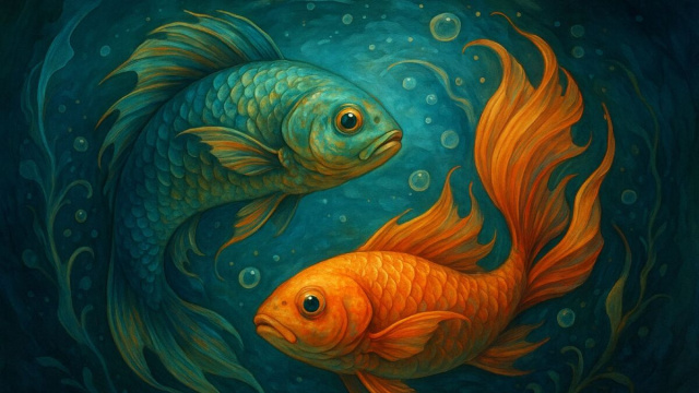 Illustrazione ispirata al segno zodiacale dei Pesci. &copy; Immagine creata con Dall-E