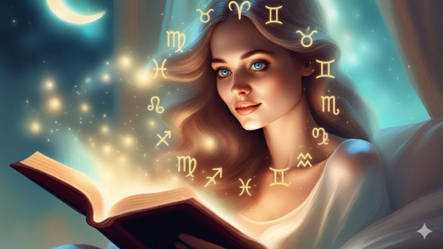 Volto di donna in atteggiamento sereno con libro e disco zodiacale - &copy; immagine Pixabay IA.