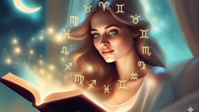 Donna che legge un libro da cui emerge una luce magica con i segni zodiacali &ndash; &copy; Copilot IA.