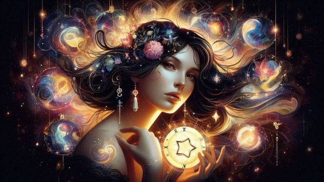 Donna raffigurata tra i segni zodiacali, immagine creata con &copy; Copilot AI.