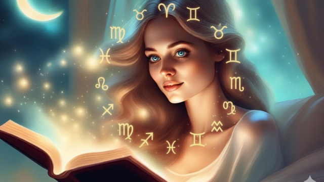 Donna che legge un libro, circondata dai dodici simboli dello zodiaco &ndash; &copy; Gemini IA.