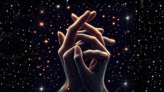 Mani intrecciate tra le stelle - &copy; Pixabay IA.