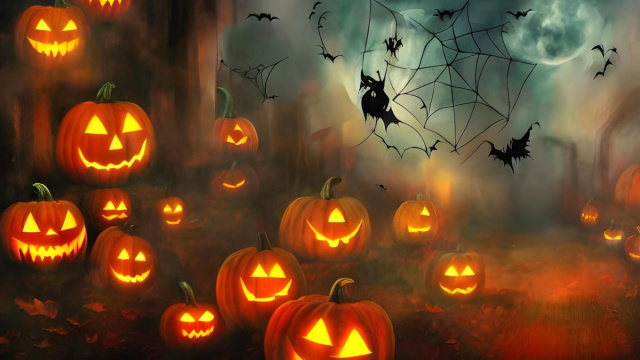 Zucche e ragnatele per la notte di Halloween. Immagine generata con l'intelligenza artificiale.