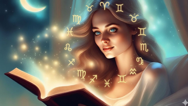 Donna tra i simboli zodiacali legge un libro di luce e stelle &ndash; &copy; Pixabay IA.