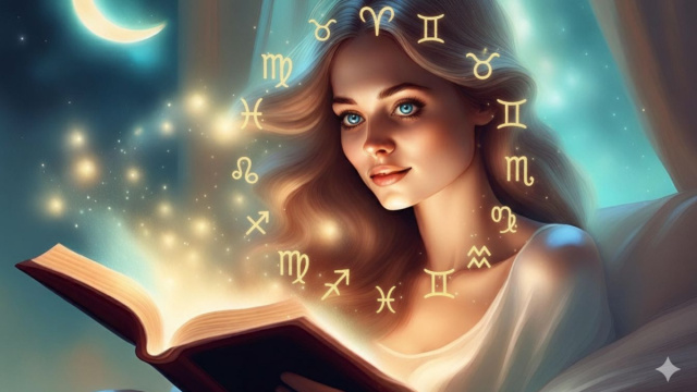 Donna tra i simboli zodiacali legge un libro di luce e stelle &ndash; &copy; Pixabay IA.