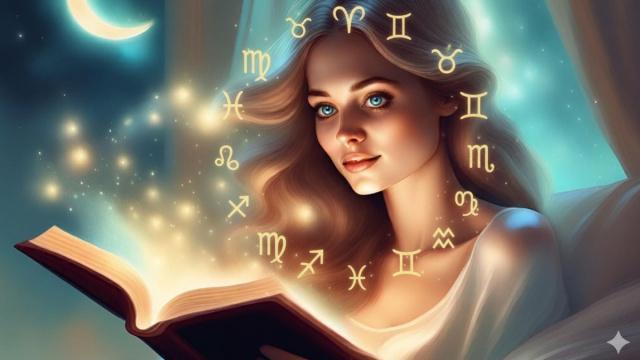 Donna tra i simboli zodiacali legge un libro di luce e stelle &ndash; &copy; Pixabay IA.