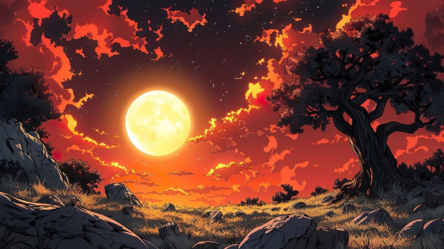 Illustrazione stile cartoon di paesaggio con pietre e arbusti e luna &ndash; &copy; Copilot IA.