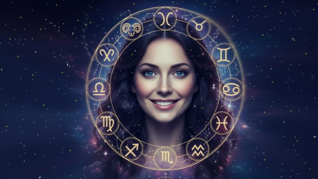 Volto di donna in atteggiamento sereno con libro e disco zodiacale - &copy; Pixabay IA.