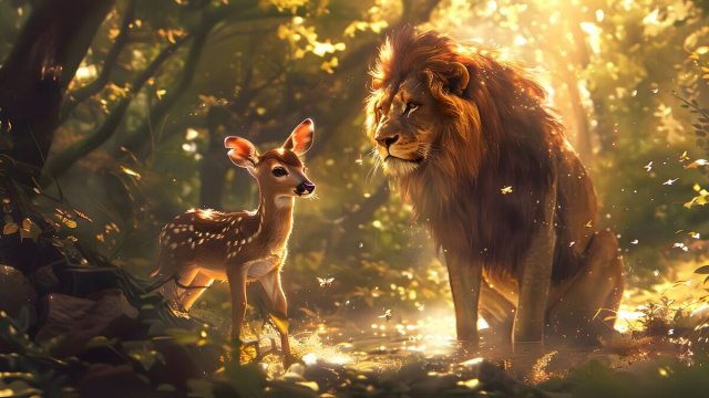 Il Leone con un cerbiatto dentro al bosco &copy; Pixabay.