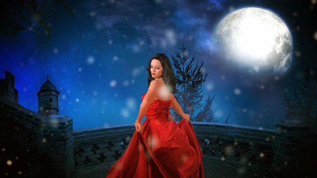 Donna in rosso danza nella notte al chiaro di luna - &copy; Pixabay IA.