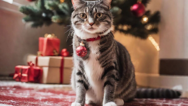 Gatto con albero e pacchi di Natale sullo sfondo &ndash; &copy; Pixabay.