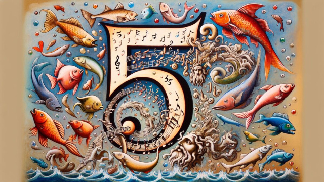 Numero 55 della Smorfia napoletana, i Pesci e 'a musica. &copy; Immagine creata con Dall-E