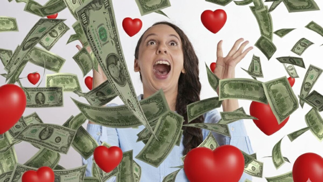 Donna euforica sotto una pioggia cuori rossi e denaro - &copy; Gemini IA.