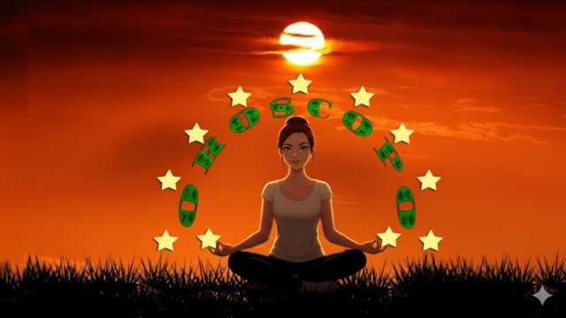 Donna in posizione yoga al tramonto con stelle ed elementi grafici - &copy; Gemini IA.