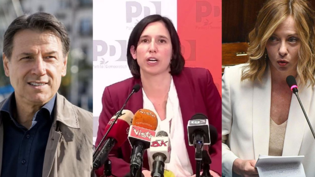Giuseppe Conte, Elly Schlein e Giorgia Meloni (&copy; Facebook)