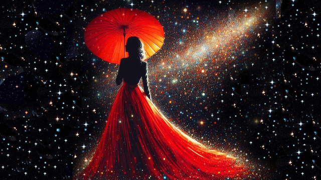 Donna con vestito e ombrellino rosso tra le stelle &ndash; &copy; Copilot IA.