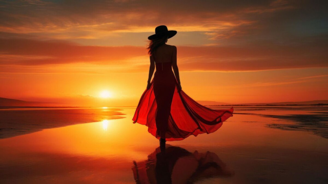 La silhouette di una donna in piedi su una spiaggia al tramonto &mdash; &copy; Pixabay IA.