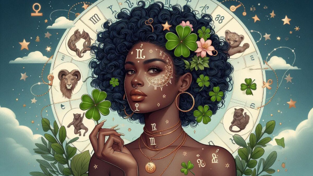 Donna afro con fiori e simboli zodiacali &ndash; &copy; AI Copilot.