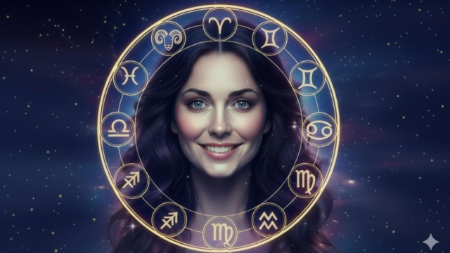 Donna sorridente dagli occhi azzurri tra i simboli zodiacali &copy; Pixabay / IA.