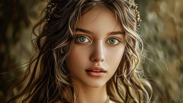 Ritratto delicato di una giovane donna dallo sguardo intenso &copy; Pixabay IA.