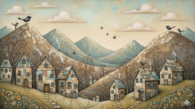 Paesaggio di fantasia con casette, montagne e uccellini &ndash; &copy; Gemini IA.