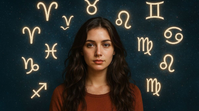 Donna circondata dai simboli zodiacali &ndash; &copy; Copilot IA.