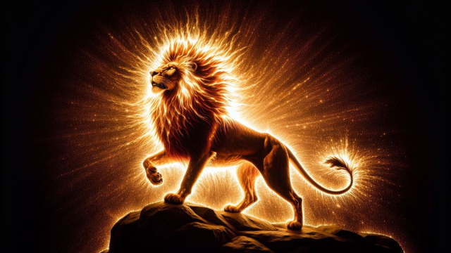 Il Leone brilla mostrando il suo carisma e la sua forza interiore, illuminando la giornata con energia e calore. &copy; Immagine creata con Dall-E