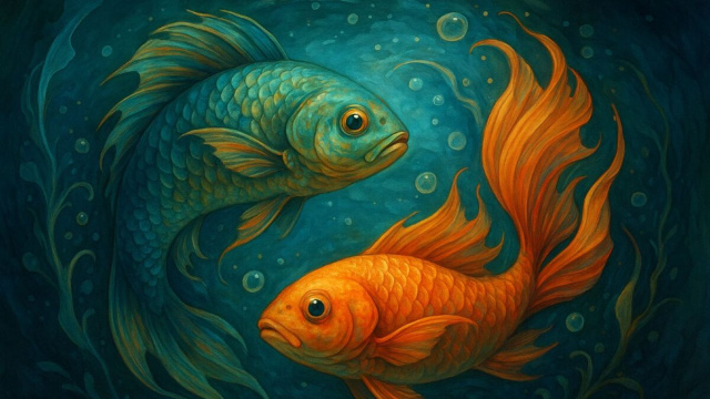 Illustrazione ispirata al segno zodiacale dei Pesci. &copy; Immagine creata con Dall-E